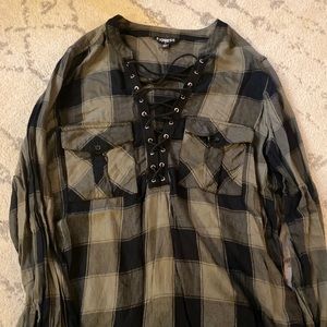 Express olive green plaid shirt with ties up vneck